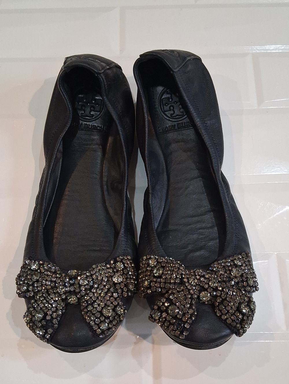 Tory Burch Leather Eddie Crystal Ballet  Flats